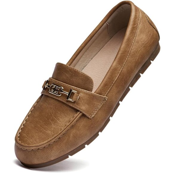 Women Khaki Polyurethane Accent Buckle Leisure Slip On Walking Flats Shoes - Picture 1 of 9
